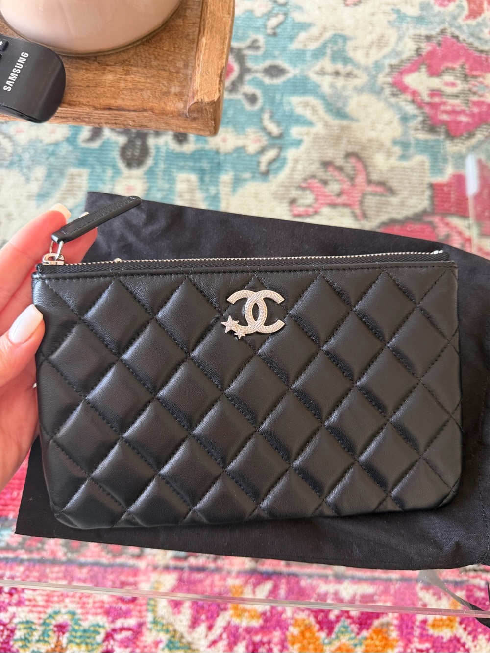 CHANEL Black Quilted Leather Zip Clutch